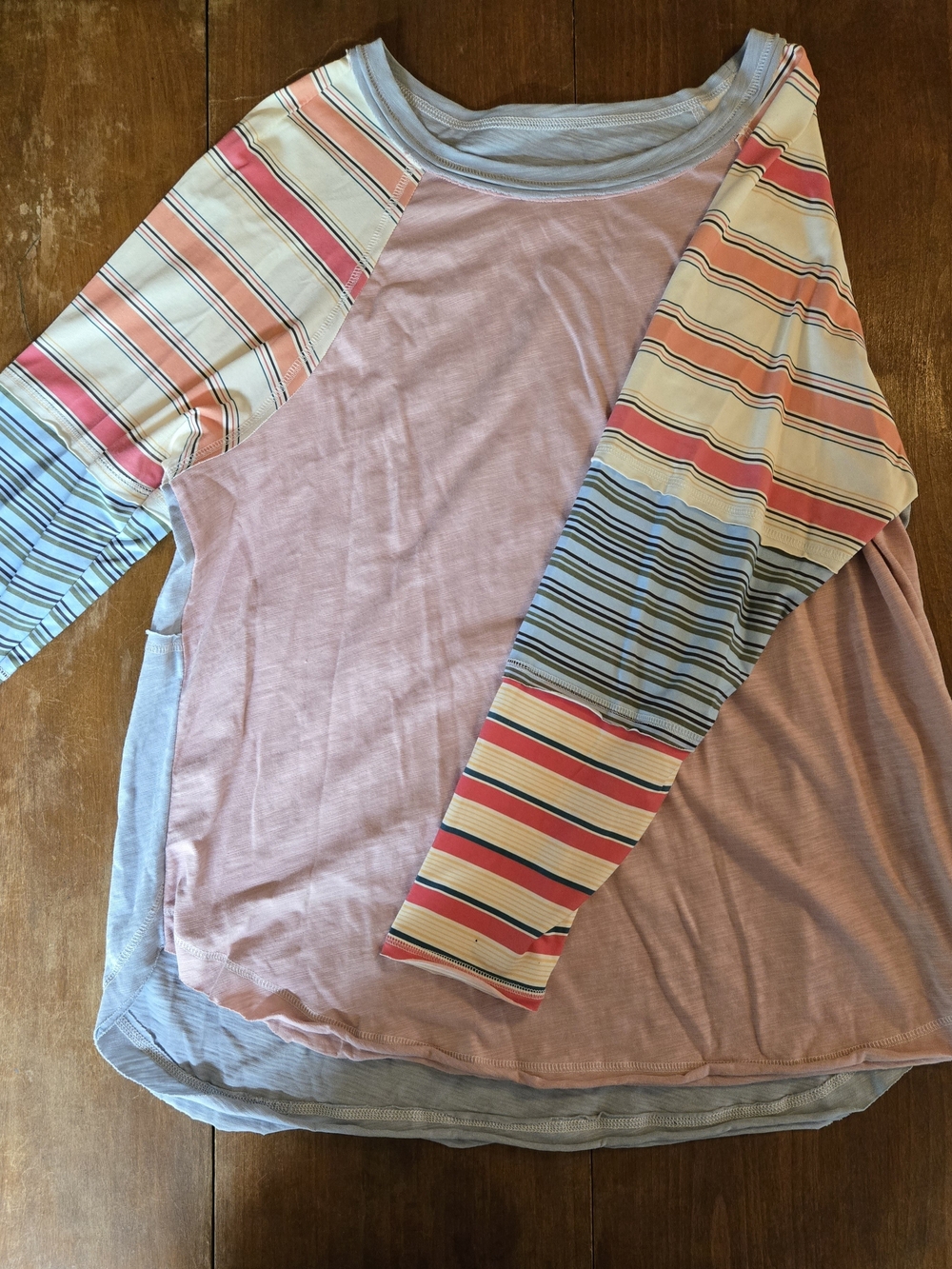 Kids' Pink Raglan Long-Sleeve Top with Multicolor Striped Sleeves